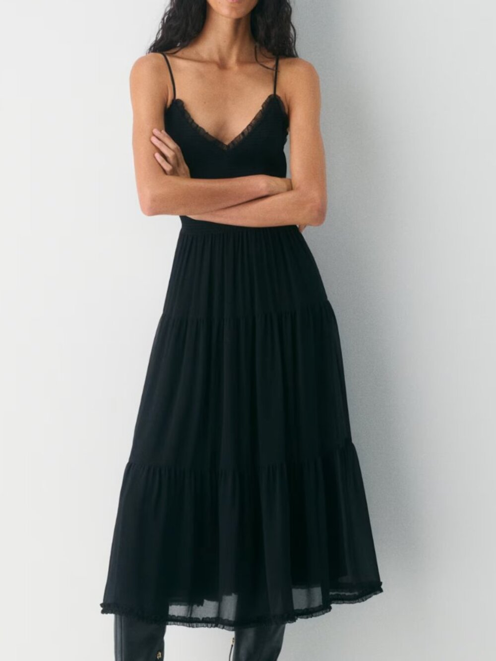 Aritzia Black Smocked Bodice Tiered Midi Dress with Lace Trim
